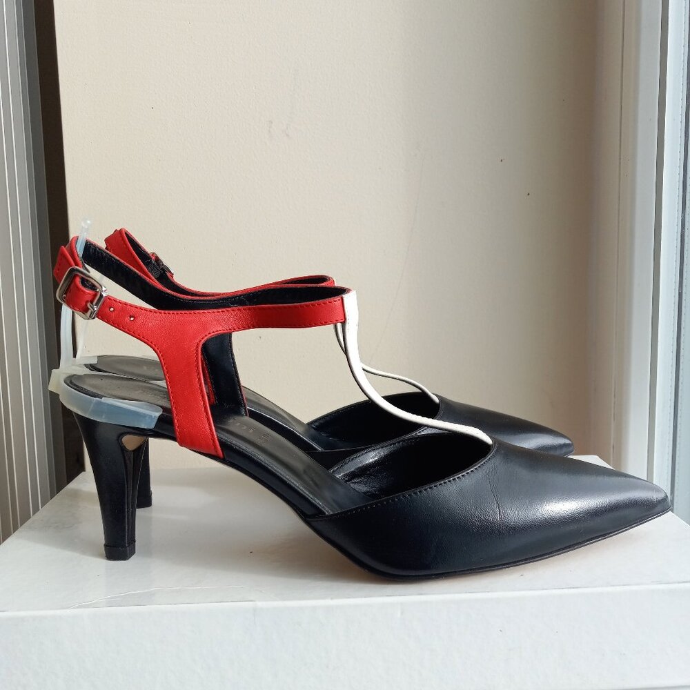 Formentini Black Leather Red White T-Strap Slingback Pumps Sz EU 39 / US 8 ITALY